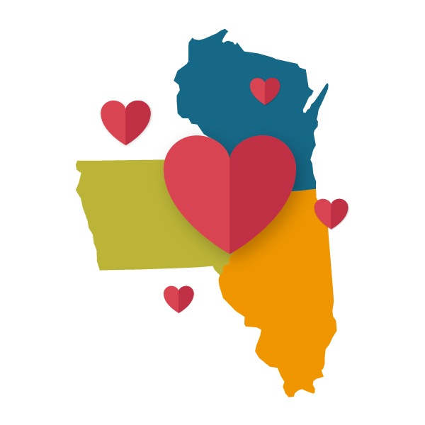 Illustrated map highlighting Wisconsin, Illinois, and Iowa with a bold star marking Roaring Fork Restaurant Group’s Midwest service area.