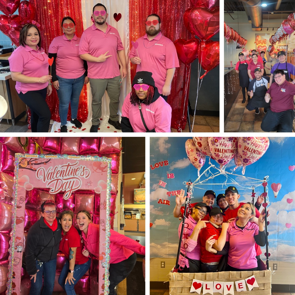Collage of QDOBA restaurant team members in pink uniforms posing with heart balloons, Valentine’s backdrops, and themed photo displays during Roaring Fork’s annual Valentine’s Day decoration contest.
