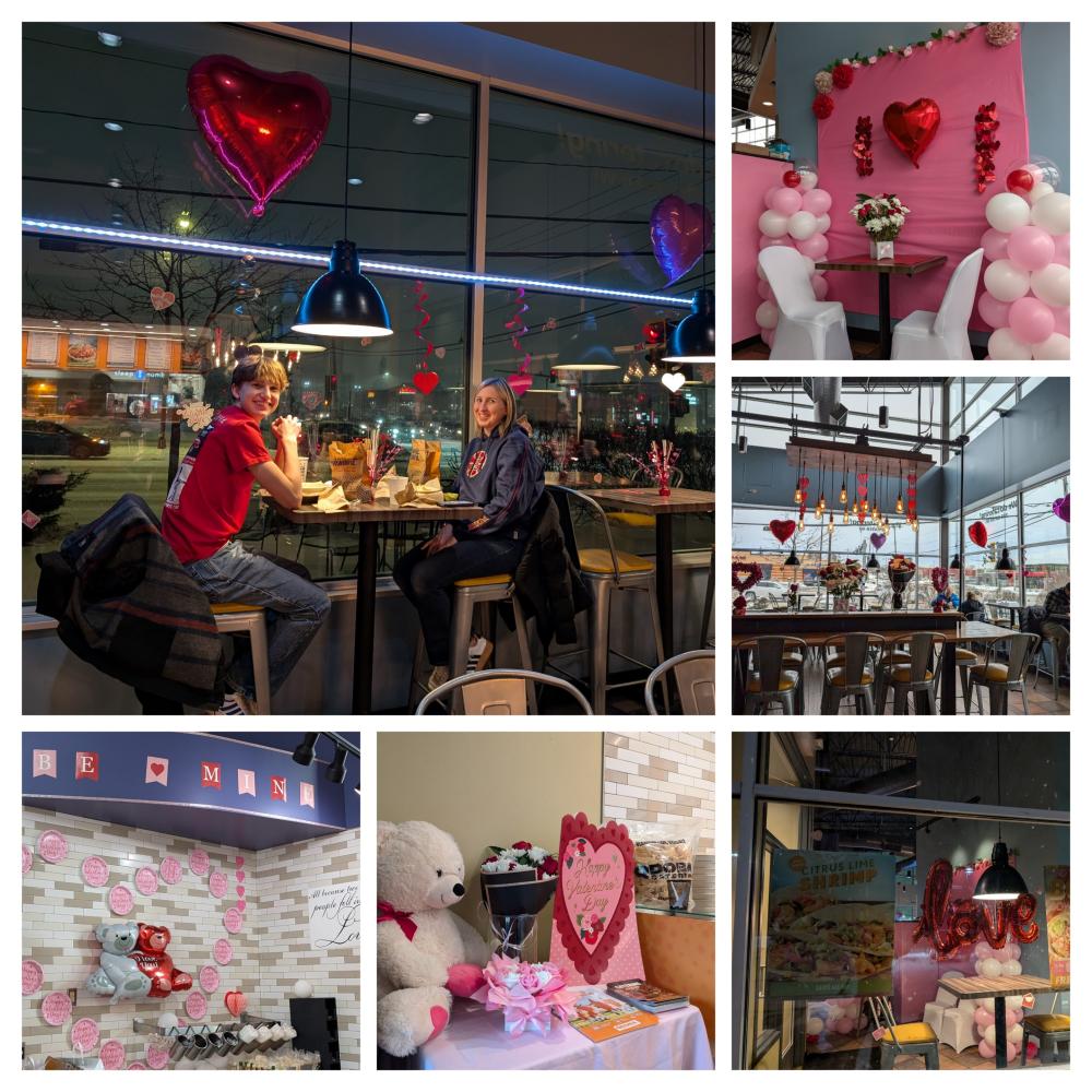 Collage of Valentine’s Day décor inside a QDOBA restaurant, featuring heart-shaped balloons, pink backdrop photo area, decorated tables, teddy bear display, and guests dining by a window.