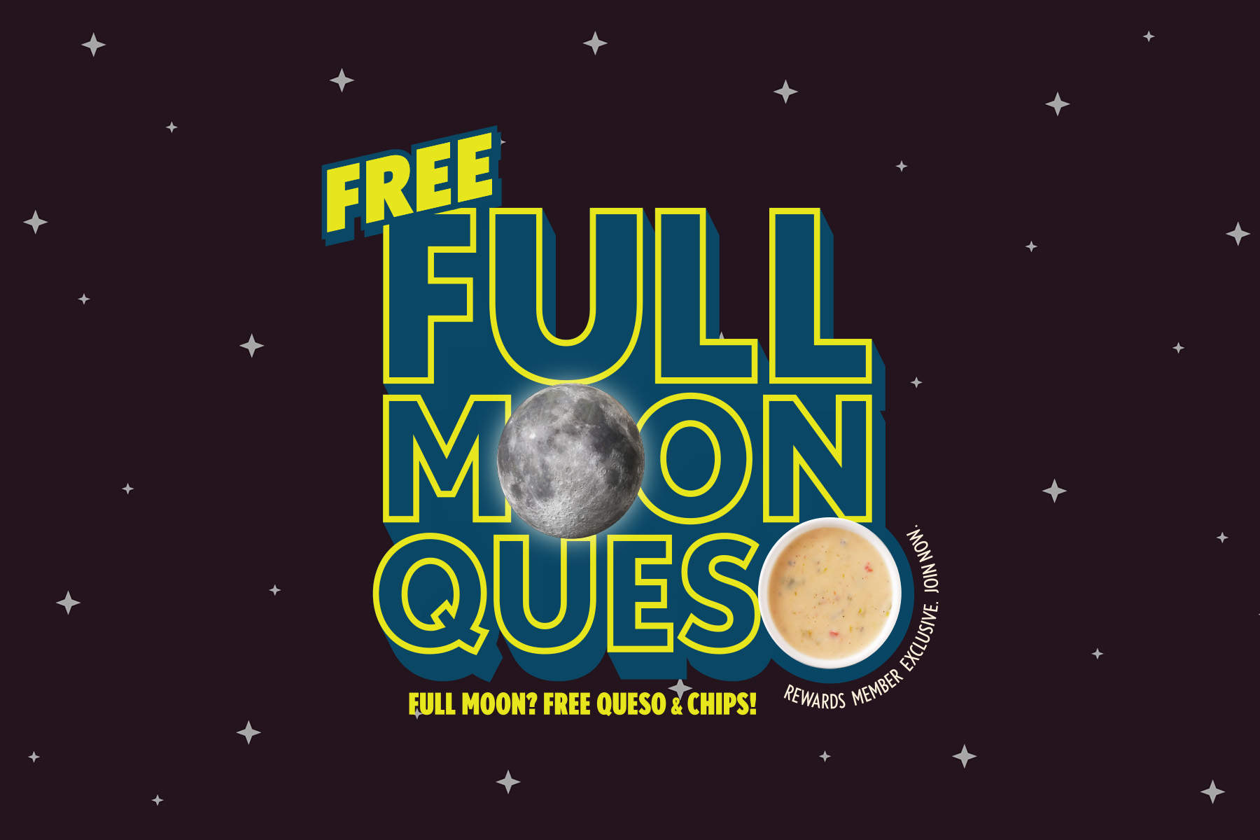 QDOBA Full Moon Queso promotion graphic advertising free chips and queso for Rewards members on full moon nights at participating QDOBA restaurants