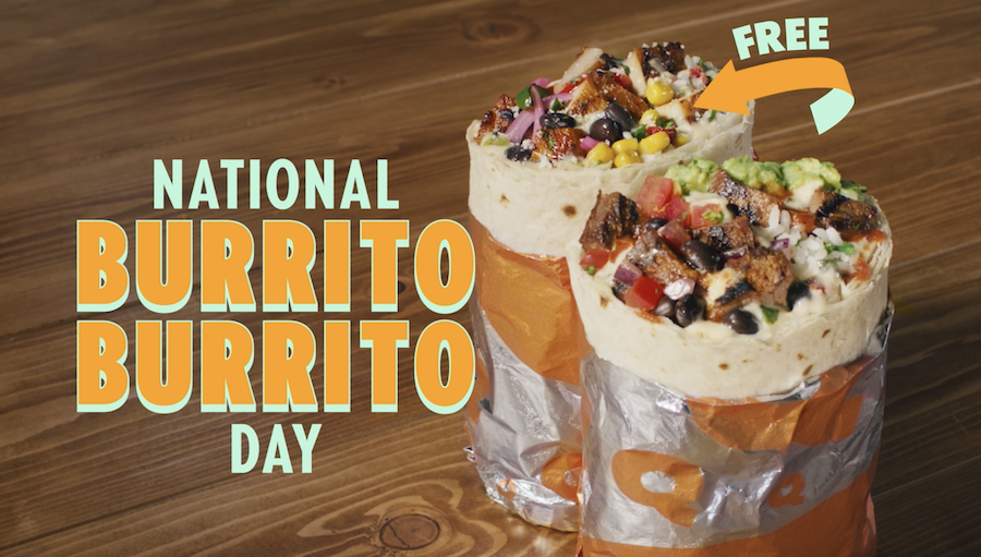 A photo of two burritos, one with an arrow that says "FREE", next to a graphic title that says "National Burrito Burrito Day" to promote a BOGO offer at QDOBA Mexican Eats.
