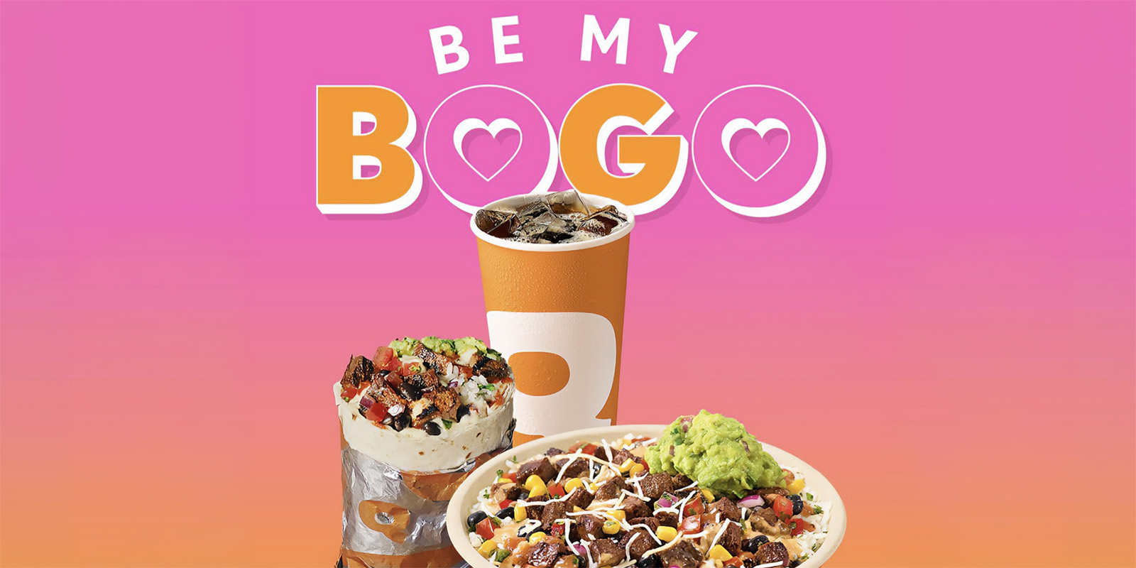 Promotional image reading “Be My BOGO” above a QDOBA burrito, bowl with guacamole, and soft drink against a pink and orange background.