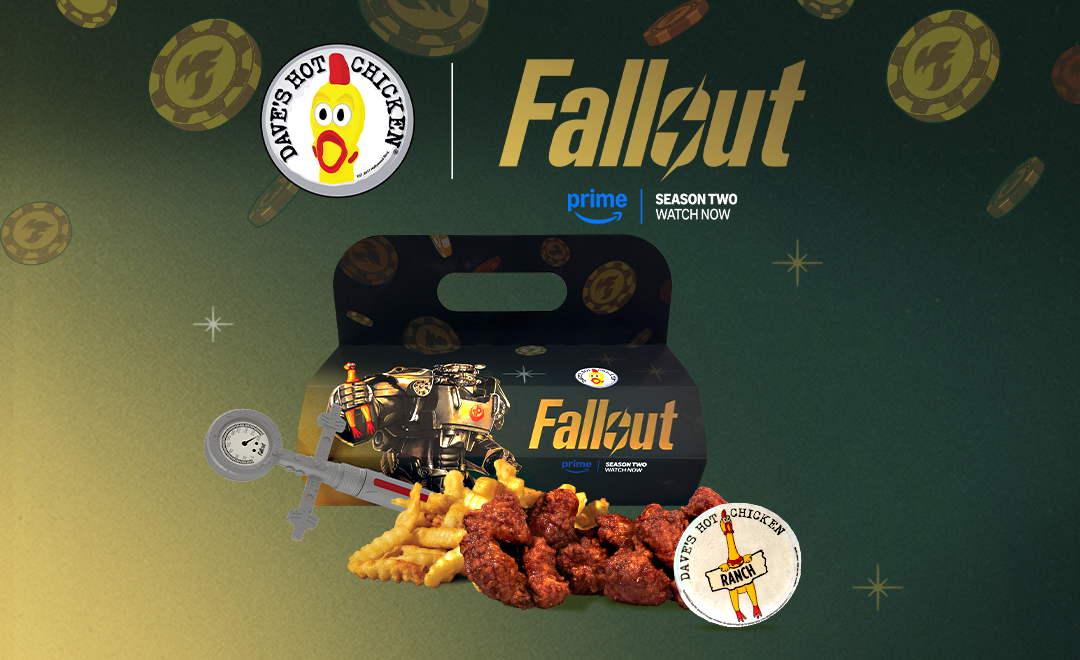 Dave’s Hot Chicken Fallout collaboration meal available in Wisconsin, featuring saucy chicken bites, fries, Fallout-themed packaging, and a collectible Stimpak toy sauce injector.
