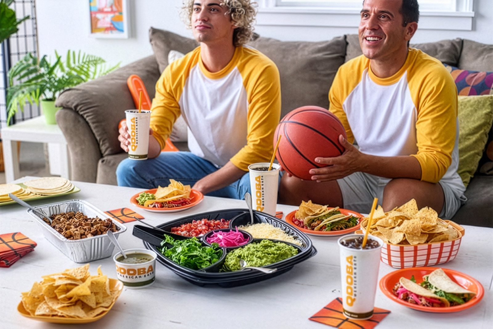 Two young men watching college basketball with a QDOBA Catering taco kit during a March Madness watch party.