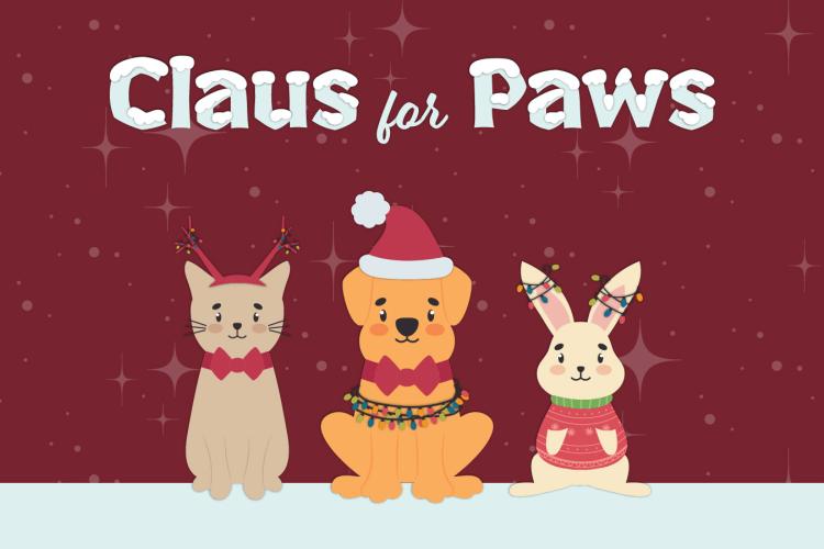 Illustration of a festive holiday scene featuring a cat with reindeer antlers, a dog wearing a Santa hat and wrapped in string lights, and a rabbit in a holiday sweater with lights on its ears, sitting below the “Claus for Paws” title on a red background with subtle star-like decorations.