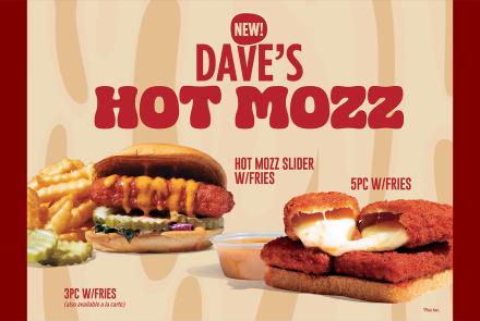 Dave’s Hot Chicken Hot Mozz promotion showing a spicy mozzarella slider with pickles and fries alongside a 5-piece fried mozzarella order with melted cheese pull and dipping sauce.