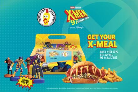 Promotional image for the Dave's Hot Chicken x X-Men '97 collaboration showing collectible X-Men figurines, themed packaging, a hot chicken meal with fries, and information about the limited-time X-Meal available while supplies last.