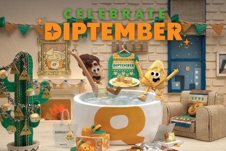 QDOBA Diptember promotional artwork with queso hot tub, chips, guacamole, and fun prizes including sweaters, charms, and Crocs.